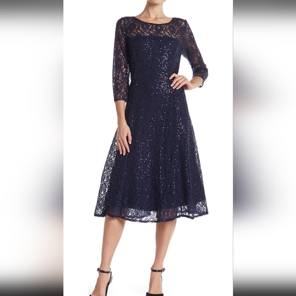 SL Fashions Size 14 3/4-Sleeve Blue Sequin Lace Midi Dress - mordernwear.com SL Fashions Size 14 3/4-Sleeve Blue Sequin Lace Midi Dress - mordernwear.com